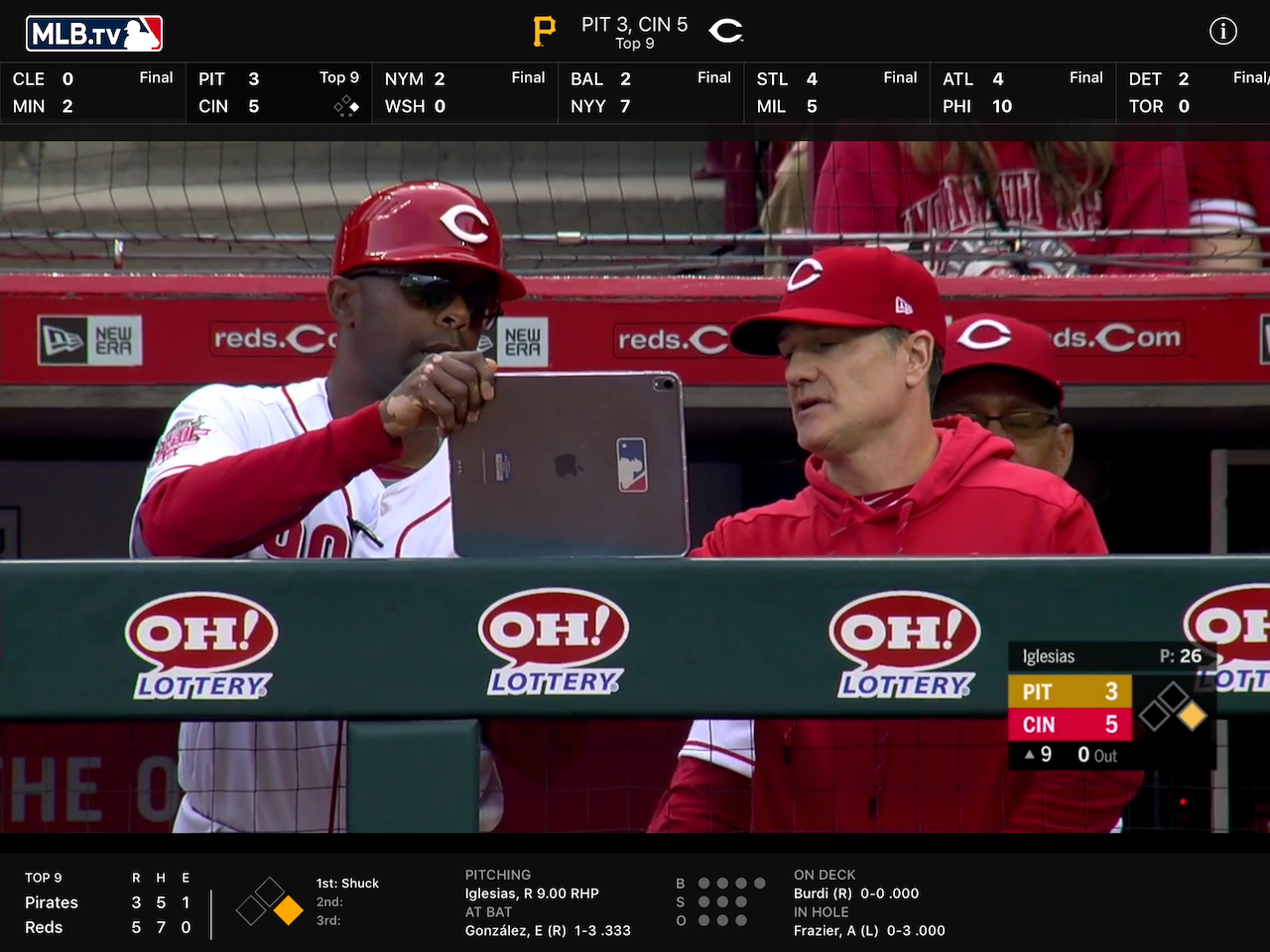 Coaching staff reviewing data on a tablet in the Reds dugout during a game